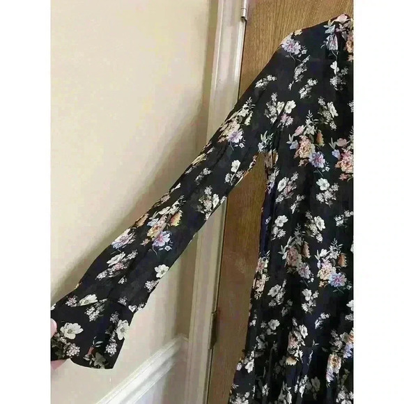 ZARA BLACK FLORAL SEMI SHEER CHIFFON TUNIC RUFFLE LAYERS DRESS MOCK NECK SIZE XS - Picture 8 of 14